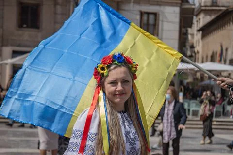 Ukrainian protest on the square in Spain Stock Photos