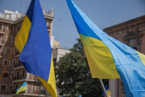 Ukrainian protest on the square in Spain Stock Photos