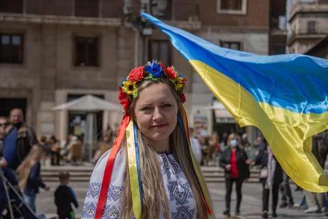 Ukrainian protest on the square in Spain Stock Photos
