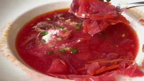 Ukrainian red soup borsch - appetizing soup with tomato paste, potato, spices Stock Footage 321821677