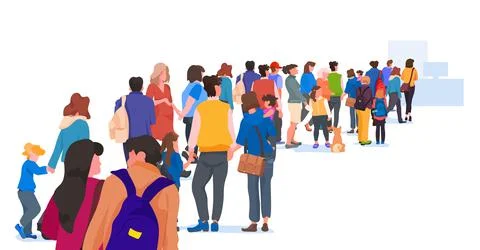 Ukrainian refugees with things rush to border fleeing russian aggression against Stock Illustration