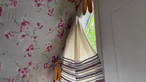 Ukrainian Rushnyk by Window in Rustic Home Stock Footage 314464246