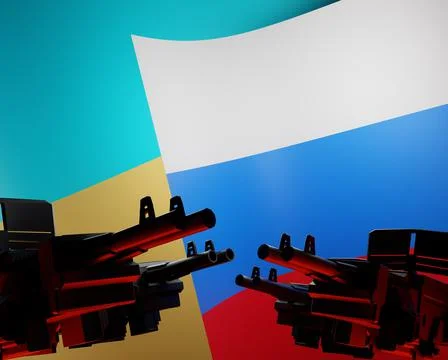 Ukrainian-Russian flags, millitary crises. 3D rendering illustration Stock Illustration