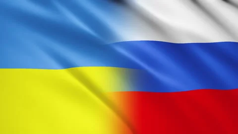 Ukrainian Russian flags waving in the wind animation Stock Footage 172393461