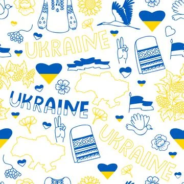 Ukrainian seamless pattern. Linear yellow-blue symbols, map of Ukraine, flag and イラスト素材