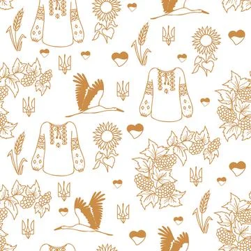 Ukrainian seamless pattern. outline linear Ukrainian symbols on white background Stock Illustration