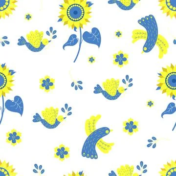 Ukrainian seamless pattern. Yellow-blue birds and sunflower on white background  Stock Illustration
