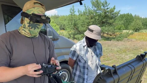 Ukrainian Soldiers Operating an Interceptor Drone Against Shahed UAVs Stock Footage 337586654