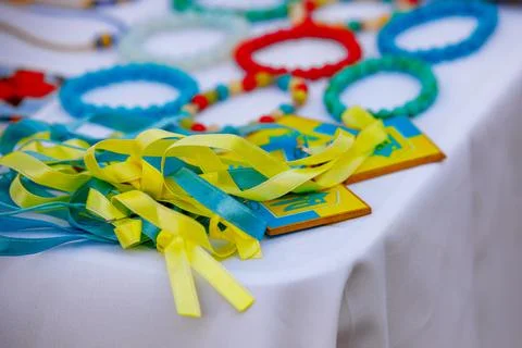 Ukrainian symbols, on a white table, with selective focus Stock Photos