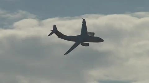 Ukrainian twin-engine jet passenger plane An-148 descends to land on runway. Stock Footage 219809444