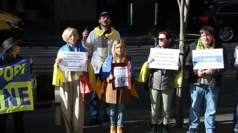 Ukrainians protest at Freelancer.com Head Office 스톡 동영상 197395515