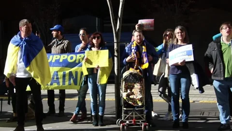 Ukrainians protest at Freelancer.com Head Office 스톡 동영상 198115513
