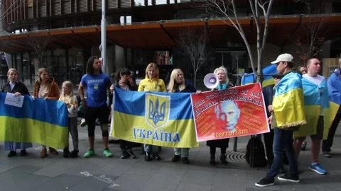 Ukrainians protest at Freelancer.com Head Office Stock Footage 200801907