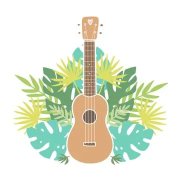 Ukulele and tropical leafs. Stock Illustration