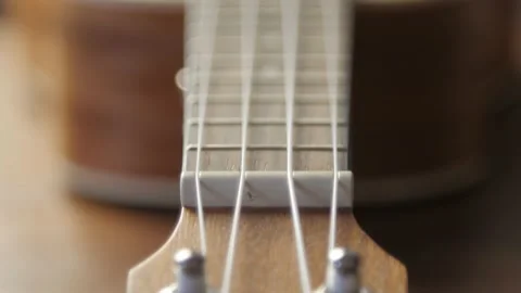 Ukulele neck fingerboard and strings close-up shot. Stock Footage 155142643