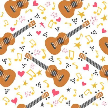 Ukulele seamless pattern, ukulele. Pattern with monstera, leaves, flowers not Stock Illustration