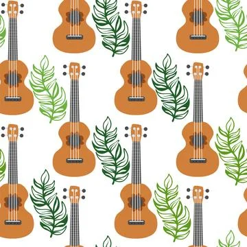 Ukulele seamless pattern, ukulele. Pattern with monstera, leaves, flowers, .. Stock Illustration