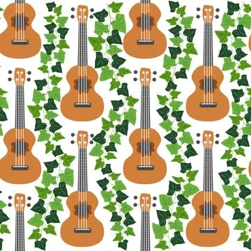 Ukulele seamless pattern, ukulele. Pattern with monstera, leaves, flowers, .. Stock Illustration
