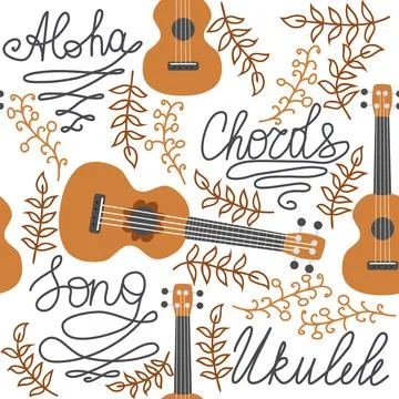 Ukulele seamless pattern, ukulele. Pattern with monstera, leaves, flowers, .. Stock Illustration