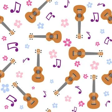 Ukulele seamless pattern, ukulele. Pattern with monstera, leaves, flowers, .. Stockillustratie