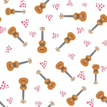 Ukulele seamless pattern, ukulele. Pattern with monstera, leaves, flowers, .. Stock Illustration