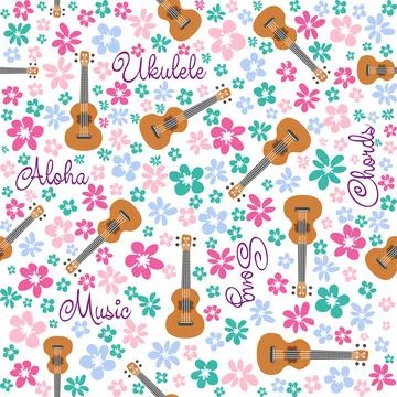Ukulele seamless pattern, ukulele. Pattern with monstera, leaves, flowers, .. Stock Illustration