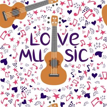 Ukulele seamless pattern, ukulele. Pattern with monstera, leaves, flowers, .. Stock Illustration