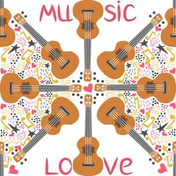 Ukulele seamless pattern, ukulele. Pattern with monstera, leaves, flowers not Stock Illustration