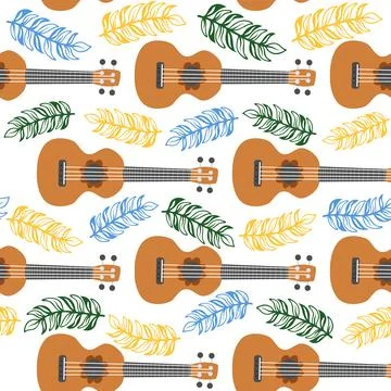 Ukulele seamless pattern, ukulele. Pattern with monstera, leaves, flowers, .. Stock Illustration