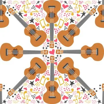 Ukulele seamless pattern, ukulele. Pattern with monstera, leaves, flowers, .. Stockillustratie