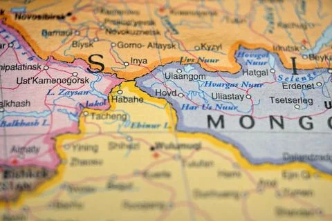 Ulaangom (Uvs, Mongolia) on World Map  Soft Focus Atlas Background Geograph.. Stock-Fotos