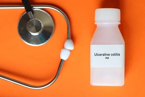 Ulcerative colitis pill in white bottle, pill stock Foto stock