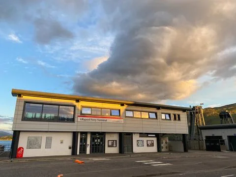 Ullapool ferry terminal at dramatic sunset. Photos