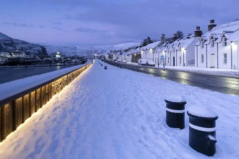 Ullapool Harbourfront at dusk in winter, Ullapool, Ross and Cromarty, Scottish Stock Photos