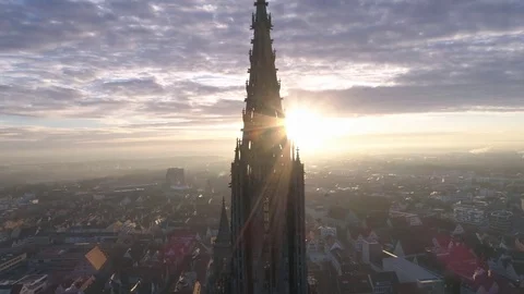 Ulm Minster Sunrise with Drone Stock-Footage 75060069
