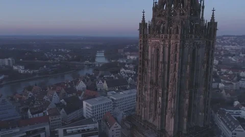 Ulm Minster Tower Sunrise with Drone Stock Footage 75285144