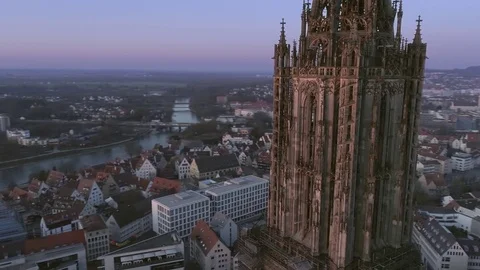 Ulm Minster Tower Sunrise with Drone Stock Footage 75287228