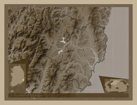 Ulsan, South Korea. Elevation map colored in sepia tones with lakes and river イラスト素材