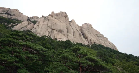 Ulsanbawi rocks low angle shot, green forest covering bottom Stock Footage 304077992