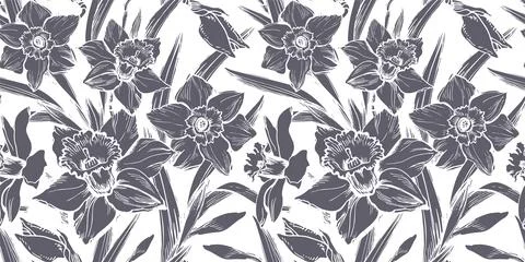 Ultimate Gray Closeup Daffodils Drawn by Hand on White Background. Stock Illustration