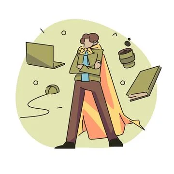 The Ultimate Multi-Tasker. A Super Employee Surrounded by Work Tools Stock Illustration