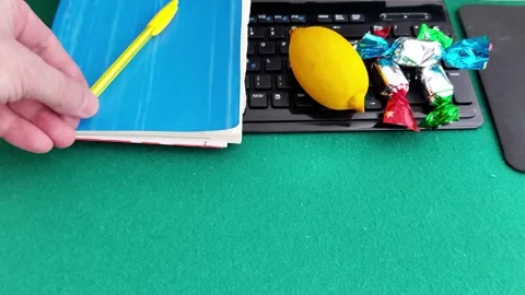 The Ultimate Random Desk Haul: Lemon, Sweets, and New Stationery Video stock 327775282