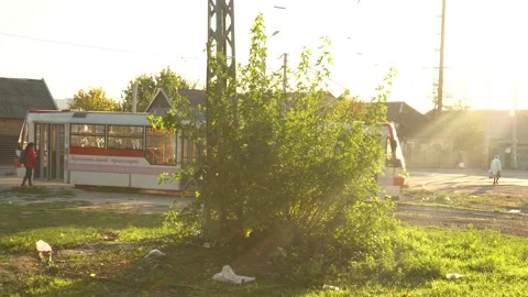 The ultimate stop is the empty tram city people Stock Footage 143268126