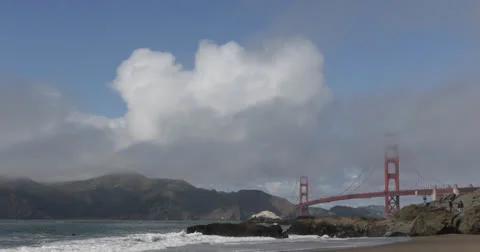 Ultra HD 4K Baker Sandy Nudist Beach, Famous Golden Gate Bridge, San Francisco Stock Footage 25295713