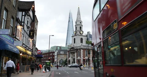 Ultra HD 4K British Double Decker Bus Passing London Busy Urban Scene Traffic Stock Footage