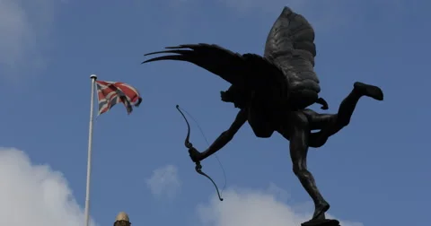Ultra HD 4K British Flag Eros Statue Piccadilly Circus England United Kingdom Stock Footage 41845274