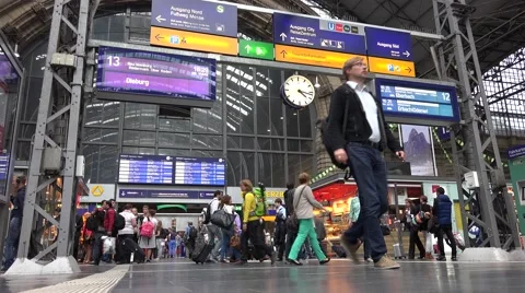 ULTRA HD 4K Busy platform Frankfurt train station time table people commute day  Stock Footage 49945216