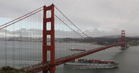 Ultra HD 4K Containers Freight Ship San Francisco Skyline, Golden Gate Bridge Stock Footage 25304838