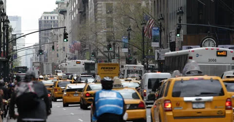 Ultra HD 4K Crowded Busy Street NYC Yellow Cabs Taxi New York City Rush Hour Day Stock Footage