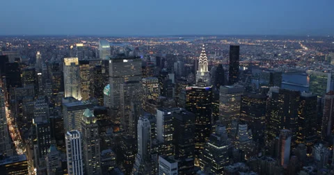 Ultra HD 4K Dawn Light Skyline Aerial View New York City NYC American Buildings Video stock 32477029